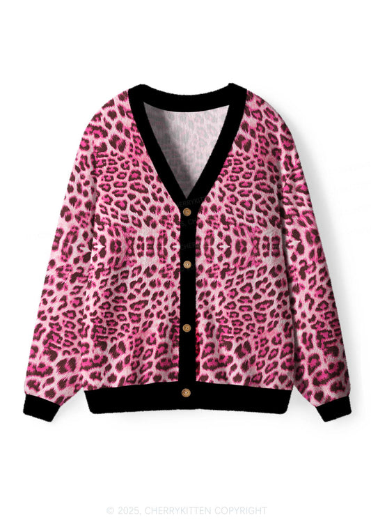 Pink Leopard Y2K Christmas Cardigan Knit Sweatshirt Cherrykitten