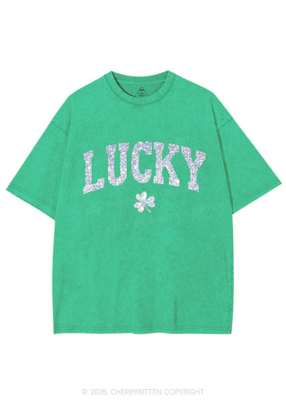 Glitter Lucky Shamrock St Patricks Y2K Shirts Washed Tee Cherrykitten