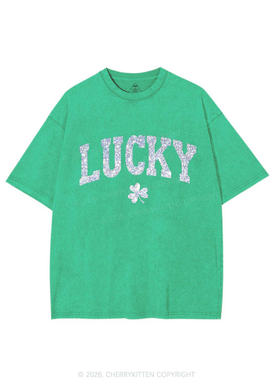 Glitter Lucky Shamrock St Patricks Y2K Shirts Washed Tee Cherrykitten