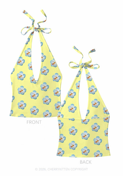 Pale Yellow Hibiscus Y2K Print Halter Deep V Neck Cami Cherrykitten