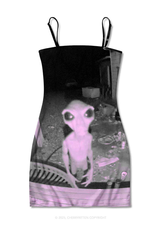 Halloween Alien Visitor Y2K Print Slip Dress Cherrykitten