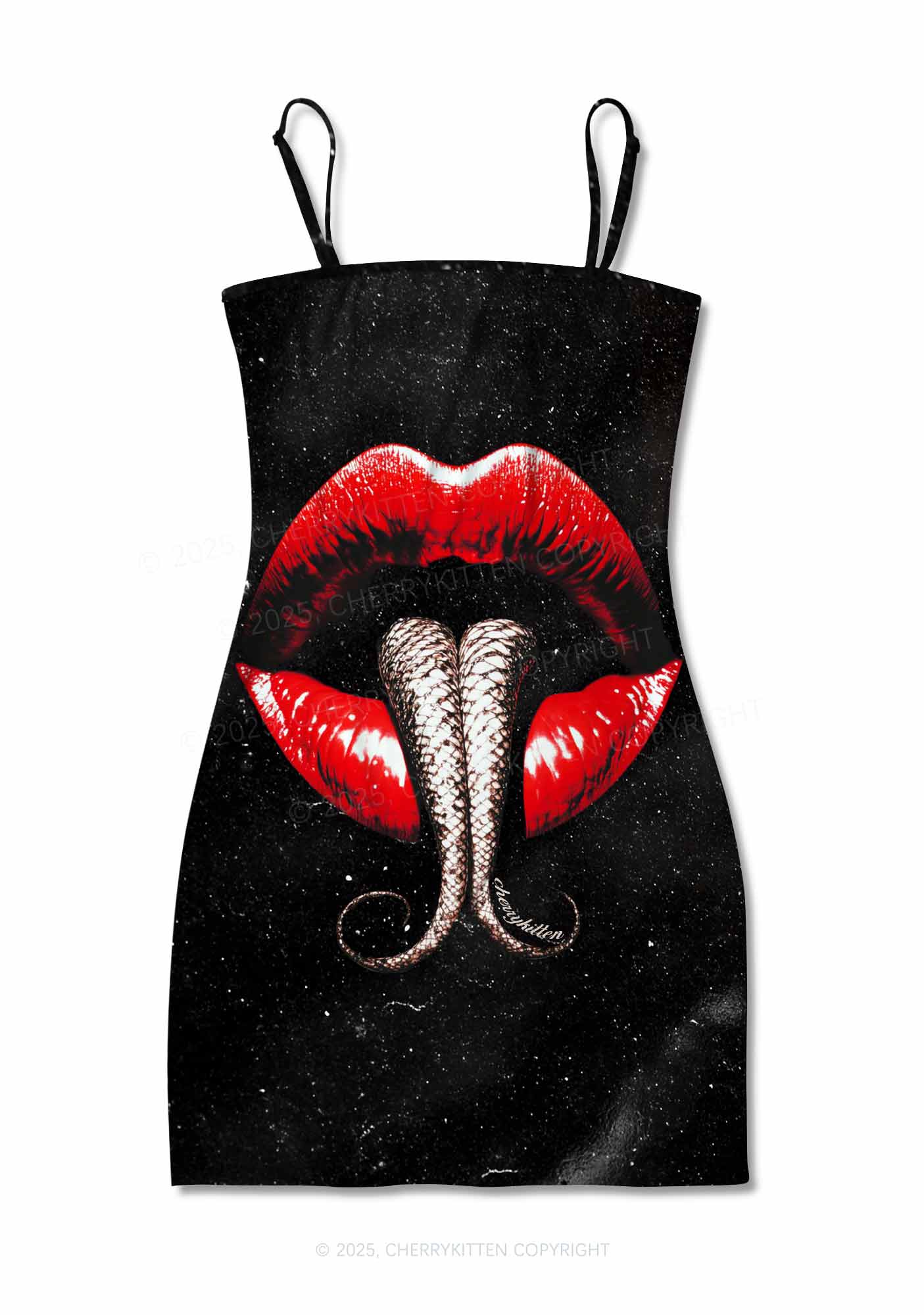 Halloween Snake Tongue Red Lips Y2K Print Slip Dress Cherrykitten