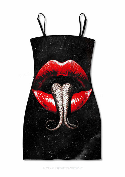 Halloween Snake Tongue Red Lips Y2K Print Slip Dress Cherrykitten