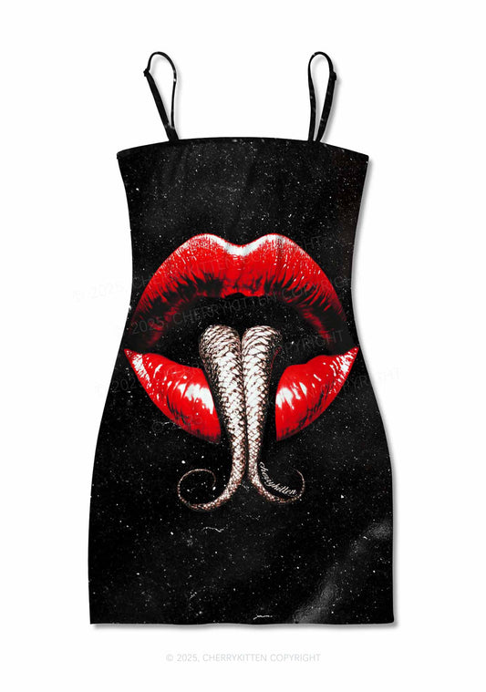 Halloween Snake Tongue Red Lips Y2K Print Slip Dress Cherrykitten