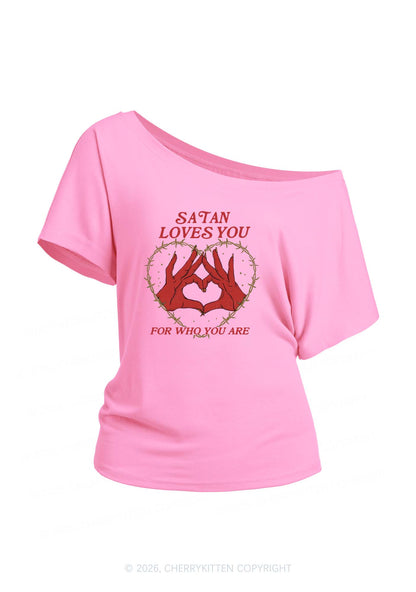 Satan Loves You Heart Halloween Y2K Off Shoulder Tee Cherrykitten
