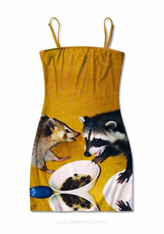 Raccoon Meal Y2K Print Slip Dress Cherrykitten