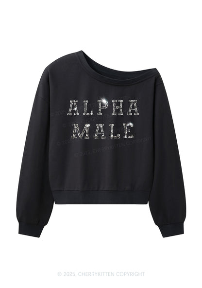 Rhinestone Alpha Male Y2K Off Shoulder Sweatshirts Cherrykitten