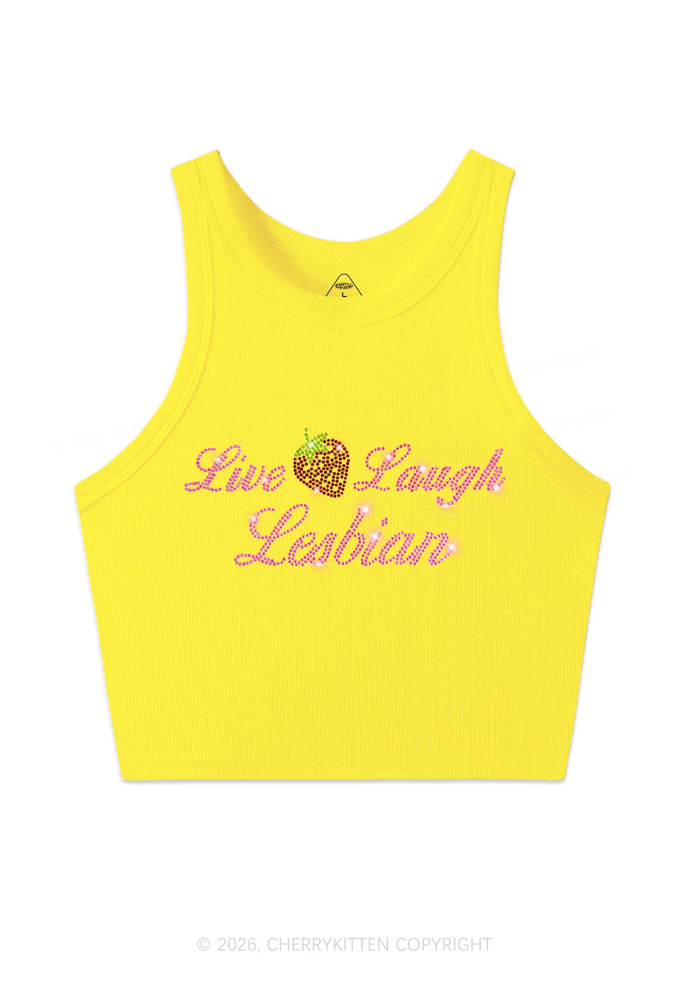 Rhinestone Live Laugh Lesbian Strawberry Pride Y2K Crop Tank Top Cherrykitten