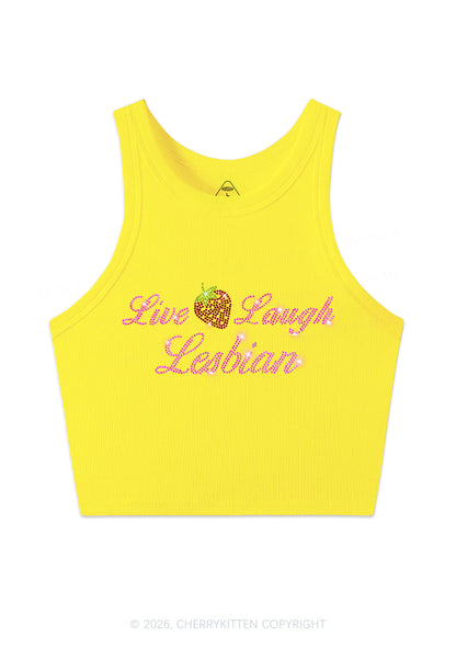 Rhinestone Live Laugh Lesbian Strawberry Pride Y2K Crop Tank Top Cherrykitten