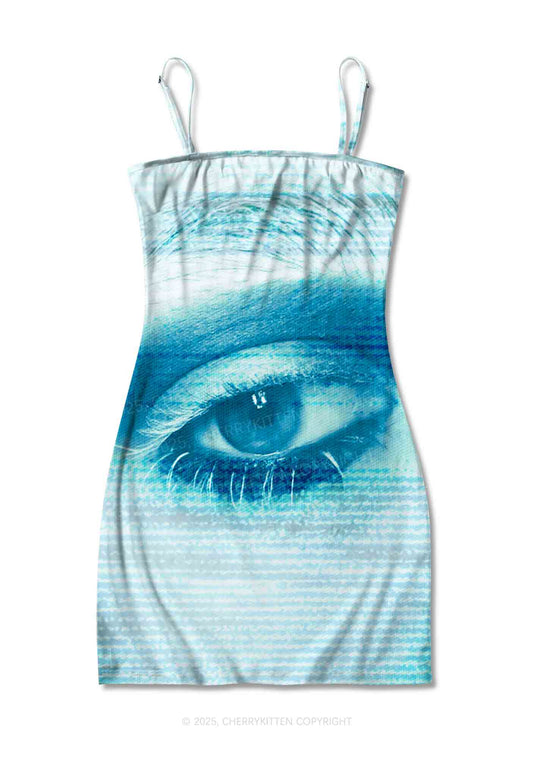 Halloween Tech Blue Eye Y2K Print Slip Dress Cherrykitten
