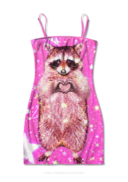 Sparkly Raccoon Heart Valentine's Day Y2K Print Slip Dress Cherrykitten