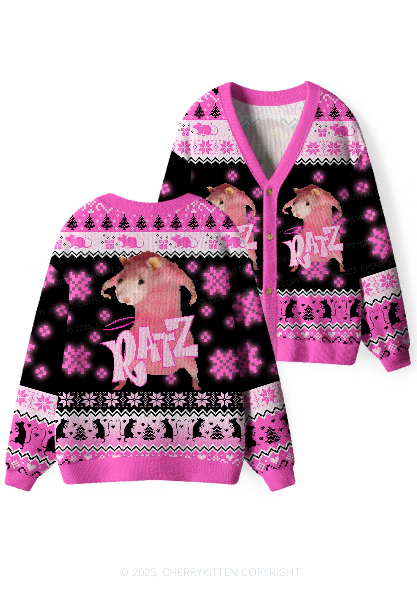 Hot Pink Ratz Y2K Christmas Cardigan Knit Sweatshirt Cherrykitten