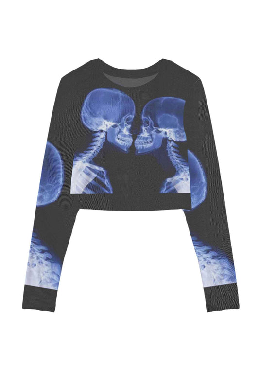 X Ray Skull Kiss Y2K Mesh Long Sleeve Crop Top Cherrykitten