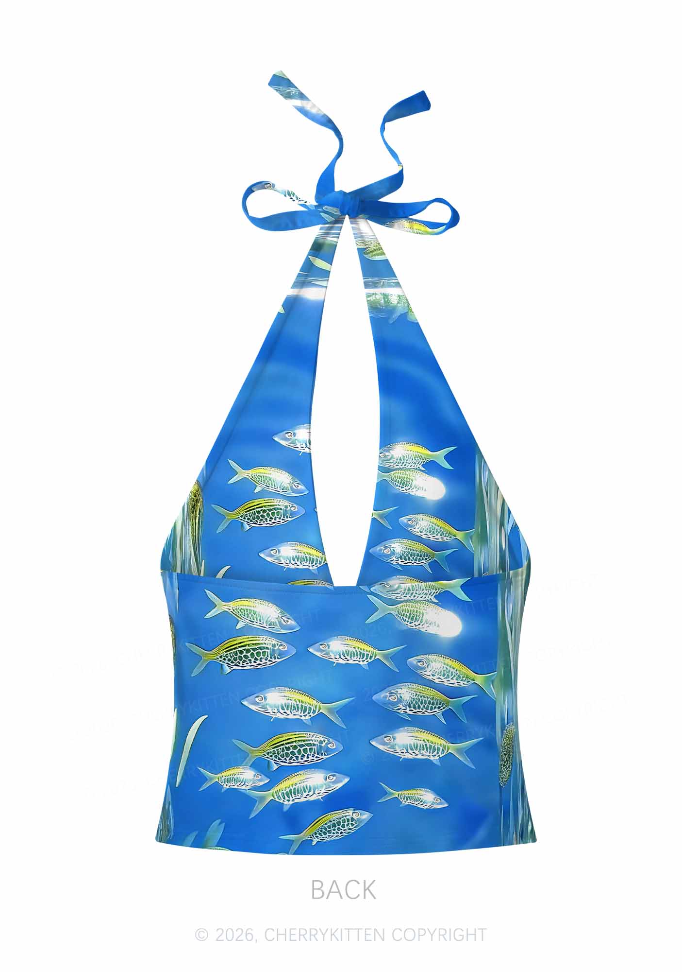 Undersea Fish Y2K Print Halter Deep V Neck Cami Cherrykitten