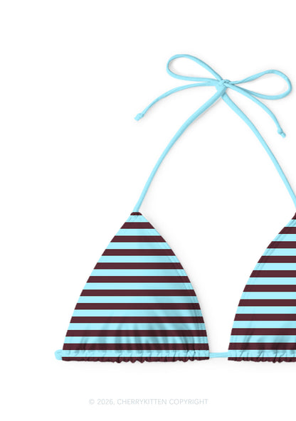 Blue Brown Stripes Y2K Print Bikini Set Cherrykitten