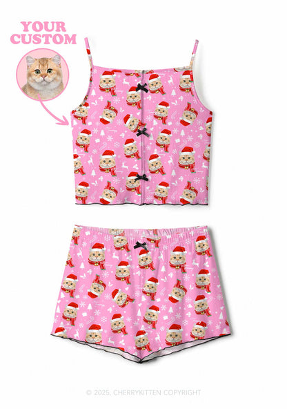 Custom Sweet Cat Face Y2K Print Cami Shorts Pajama Set Cherrykitten