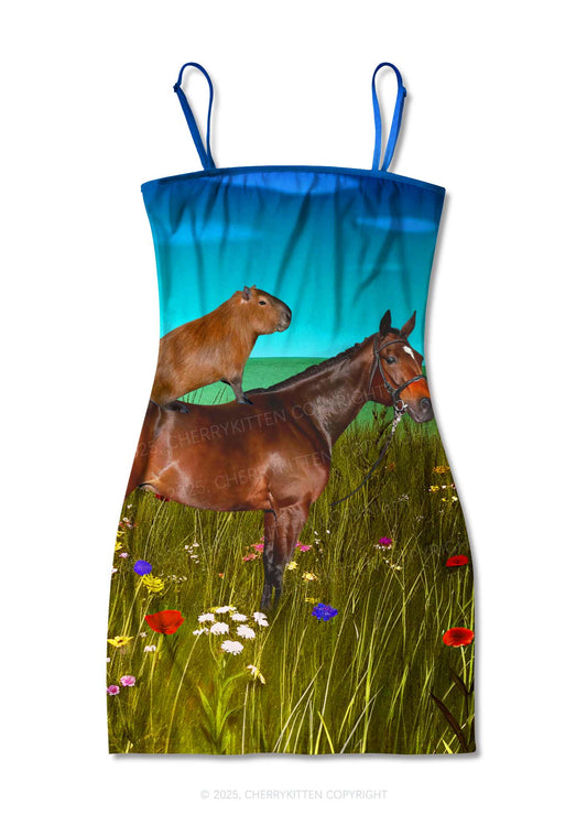 Horseback Capybara Y2K Print Slip Dress Cherrykitten