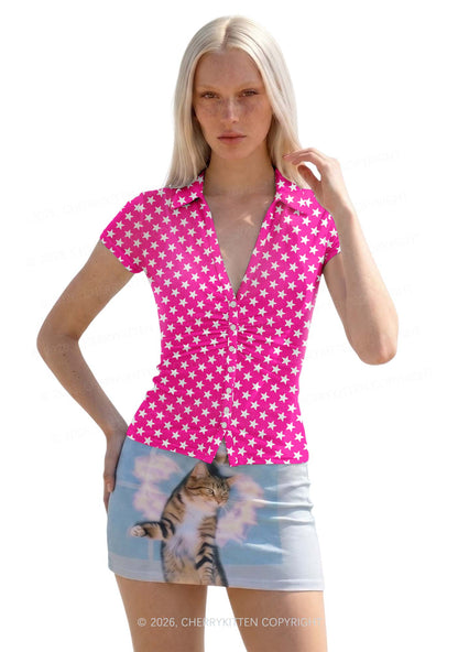 White Stars On Pink Y2K Mesh Ruched  Waist  V Neck Top Cherrykitten