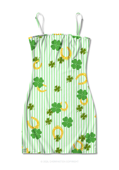 Green Stripe Clover Horseshoe St Patricks Y2K Print Slip Dress Cherrykitten