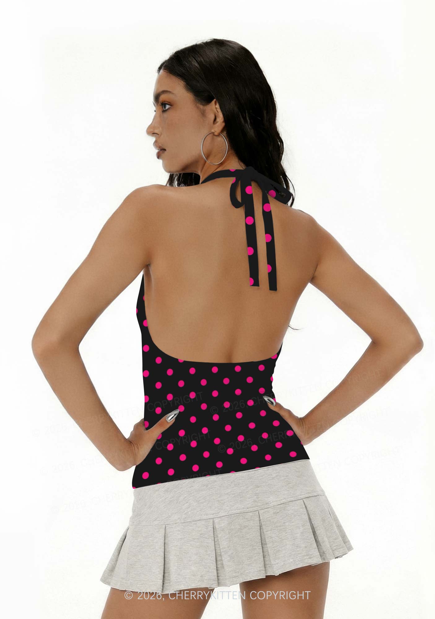 Hot Pink Polka Dot Y2K Print Halter Deep V Neck Cami Cherrykitten