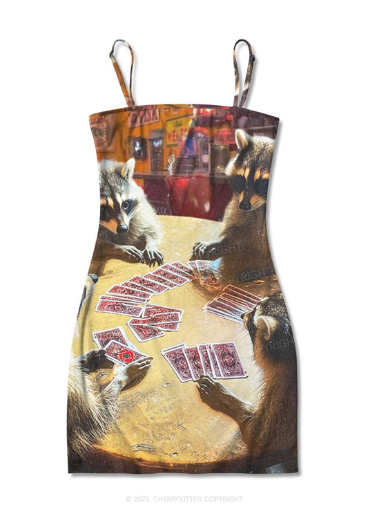 Raccoon Poker Y2K Print Slip Dress Cherrykitten
