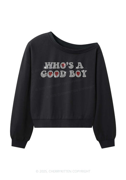 Rhinestone Whos A Good Boy Y2K Off Shoulder Sweatshirts Cherrykitten