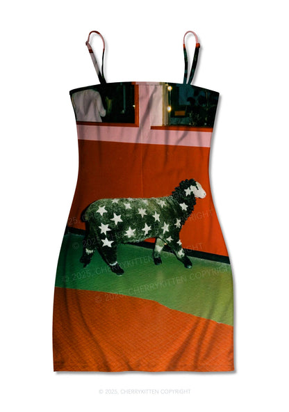 Sheep Starry Wool Y2K Print Slip Dress Cherrykitten