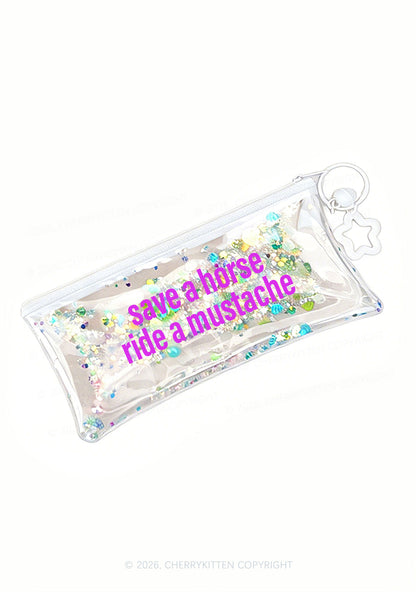 Ride A Mustache Y2K Quicksand Transparent Pencil Pouch Cherrykitten
