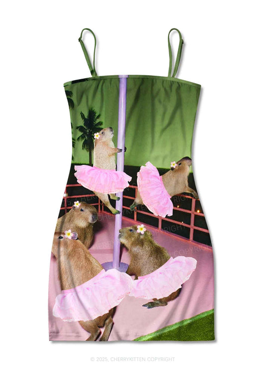 Capybara Pole Dancers Y2K Print Slip Dress Cherrykitten