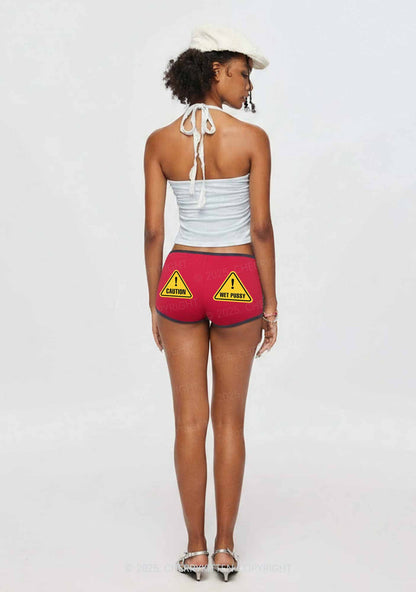 Caution Wet Puxxy Y2K Booty Shorts Cherrykitten