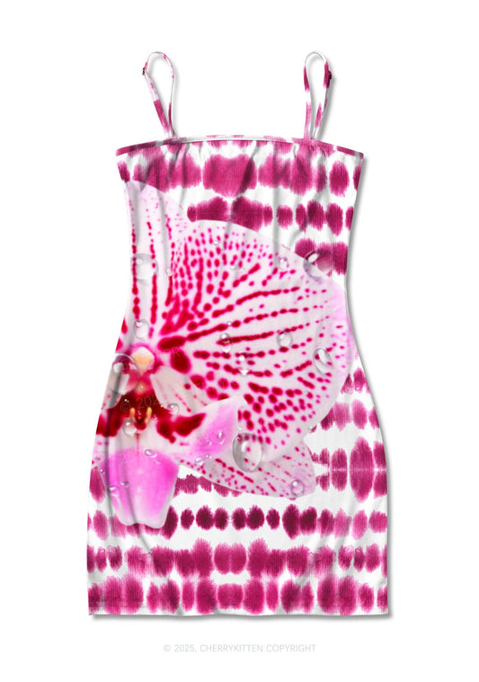 Pink Orchid Dewdrops Y2K Print Slip Dress Cherrykitten