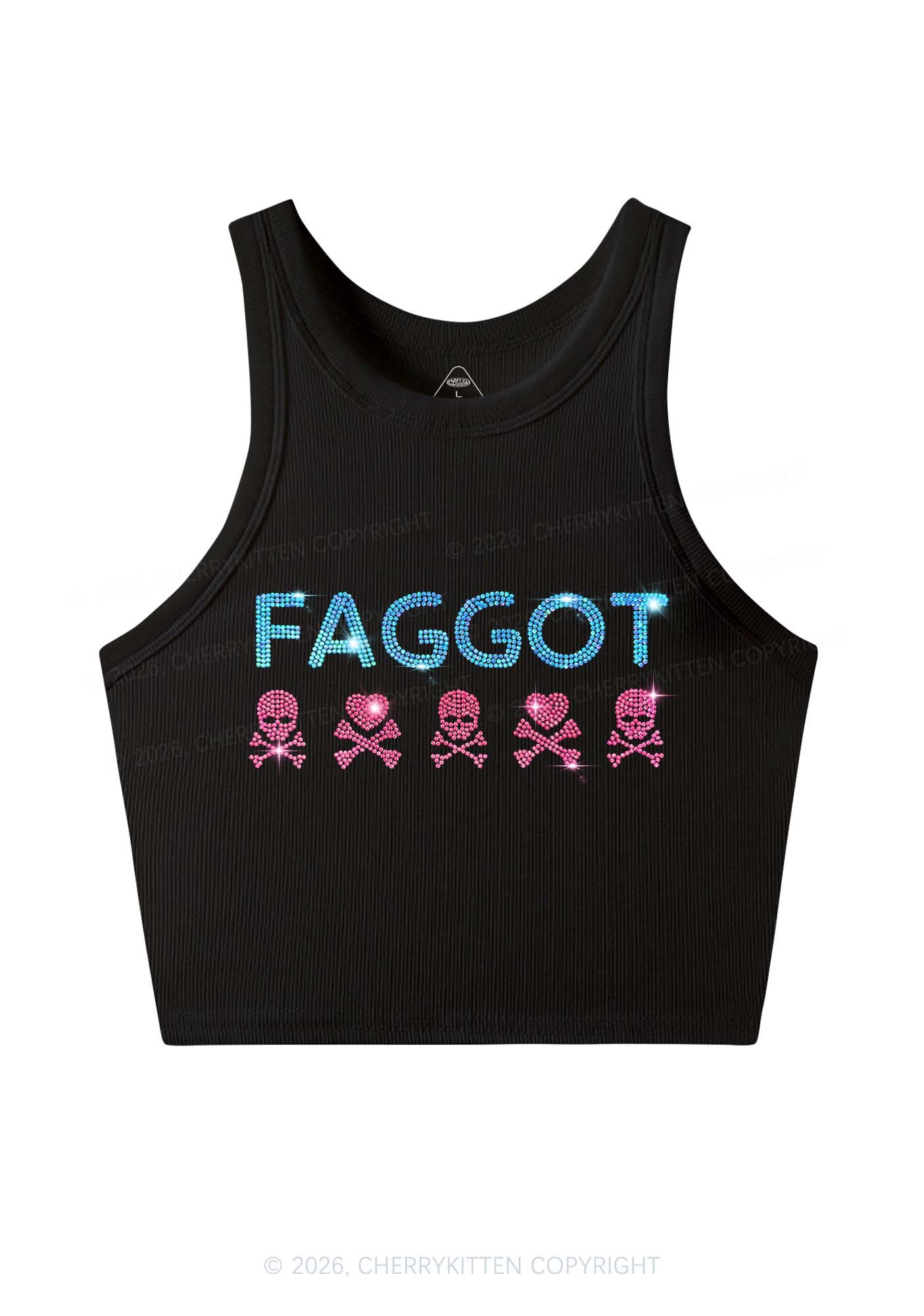 Rhinestone Faggot Skull Pride Y2K Crop Tank Top Cherrykitten