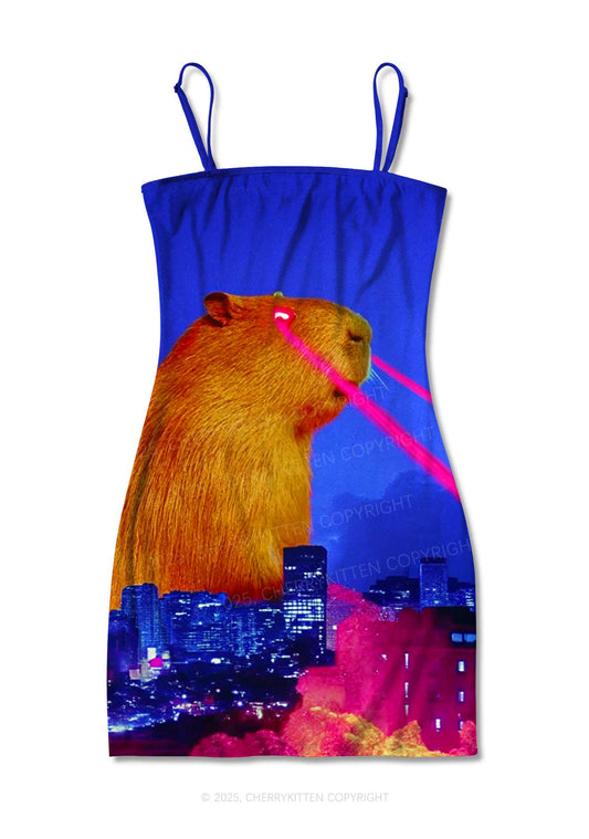 Laser Monster Capybara Y2K Print Slip Dress Cherrykitten