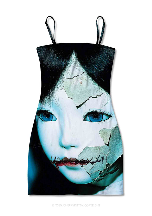 Halloween Cracked Doll Y2K Print Slip Dress Cherrykitten