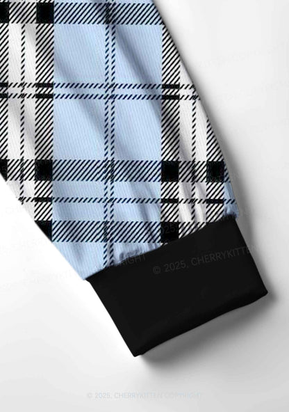 Light Blue Plaid Y2K Print Long Sleeve Pajama Set Cherrykitten