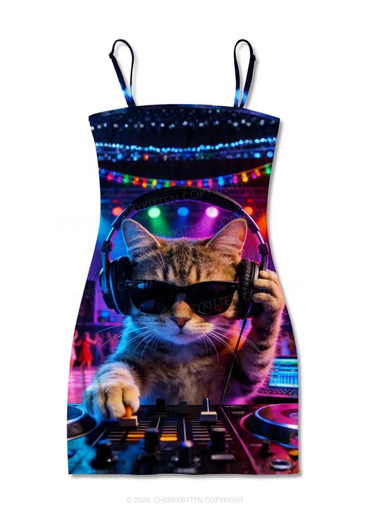DJ Cat Rave Y2K Print Slip Dress Cherrykitten