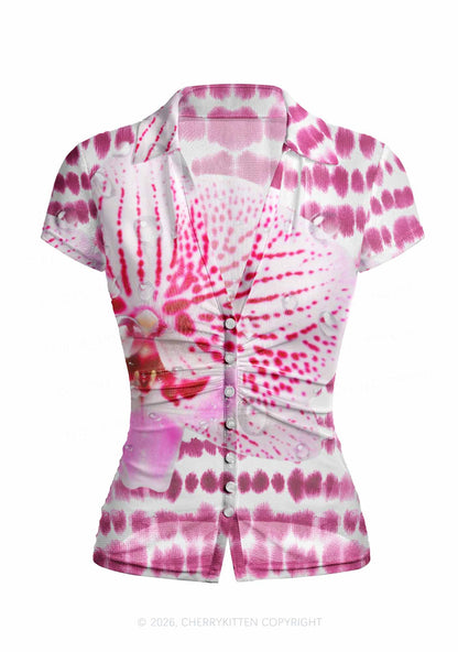 Pink Orchid Dewdrops Y2K Mesh Ruched  Waist  V Neck Top Cherrykitten