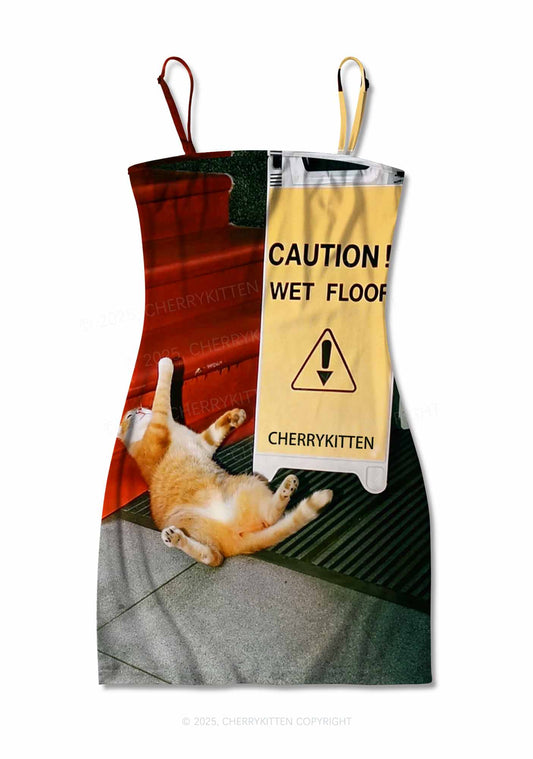 Caution Wet Floor Y2K Print Slip Dress Cherrykitten