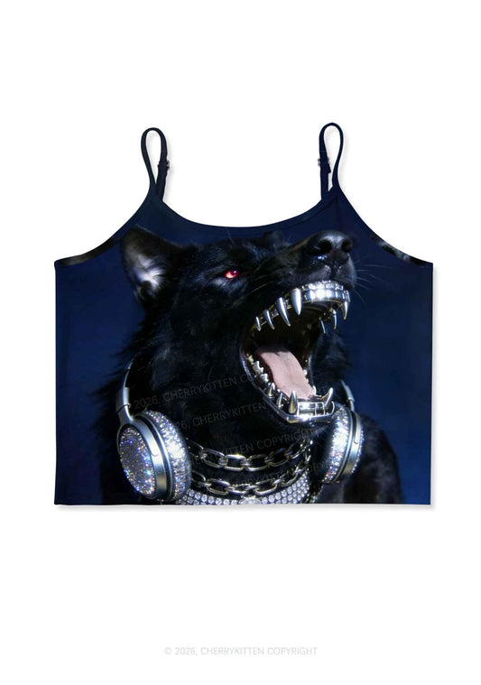 Hip Hop Black Wolf Y2K Print Cami Crop Top Cherrykitten