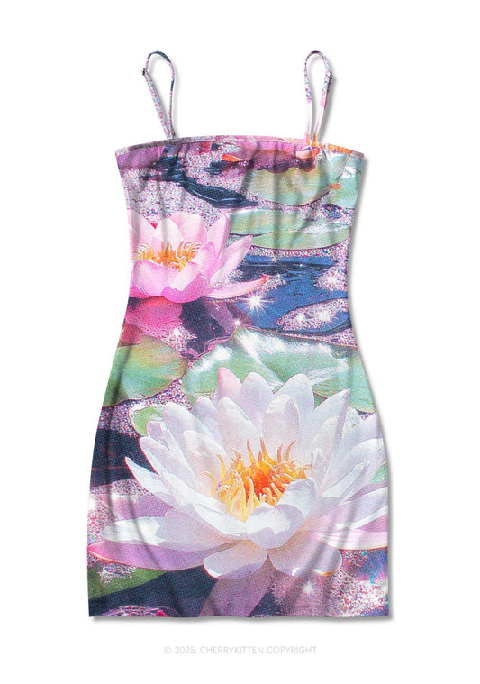 Glitter Lotus Y2K Print Slip Dress Cherrykitten