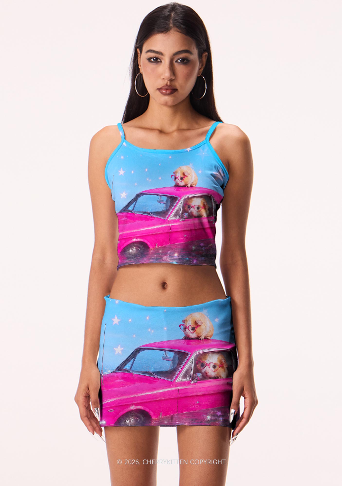 Two Guinea Pigs On Pink Car Y2K Print Mini Skirt Cherrykitten