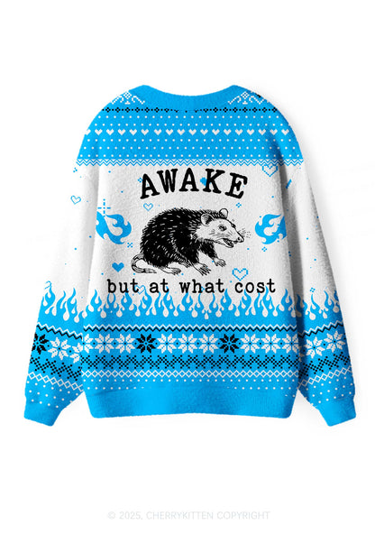 Blue Awake But What Cost Y2K Christmas Cardigan Knit Sweatshirt Cherrykitten