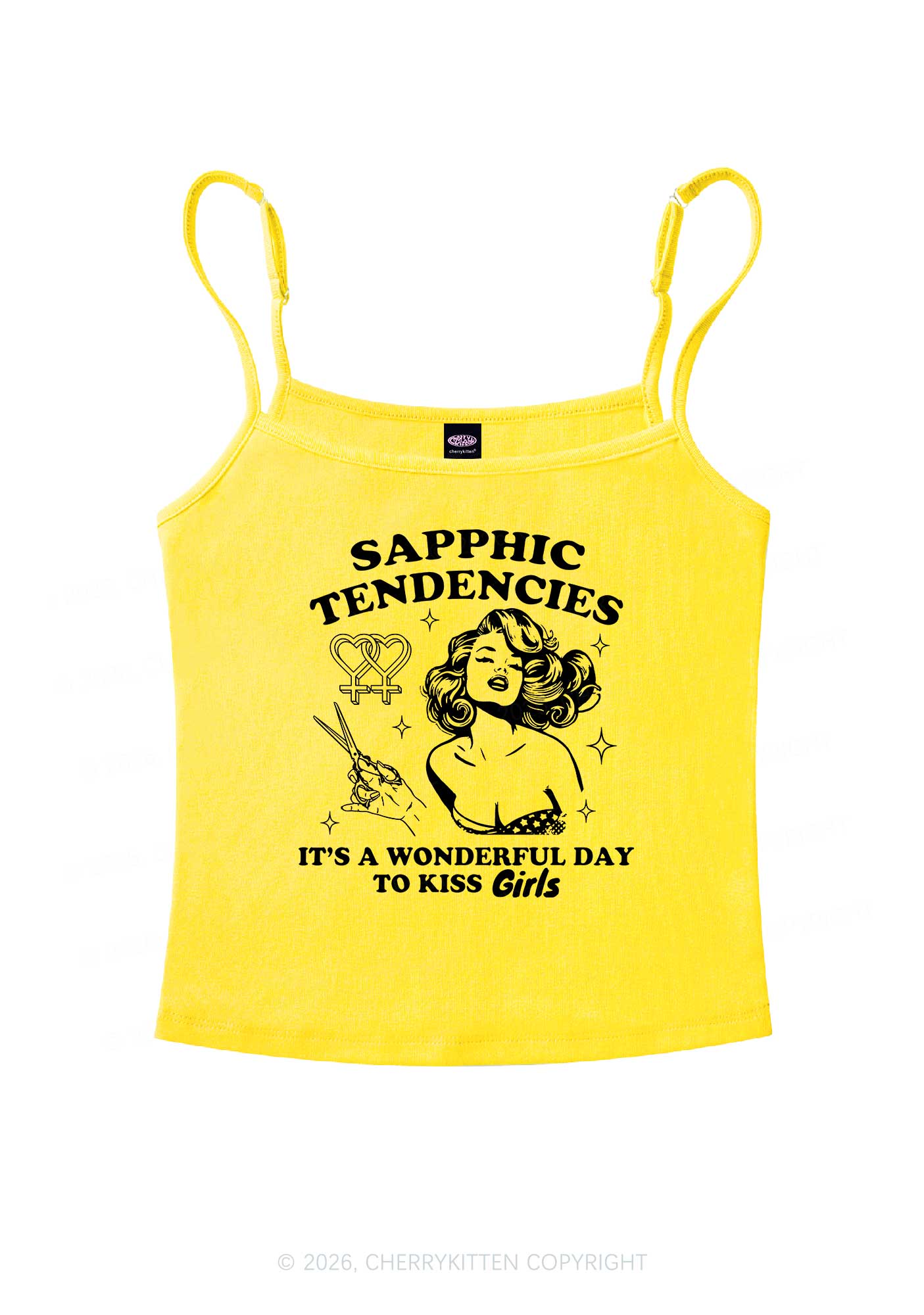 Sapphic Tendencies Kiss Girls Pride Y2K Spaghetti Strap Cami Cherrykitten