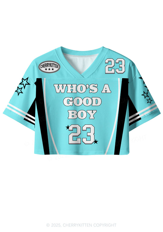 Custom Blue Whos A Good Boy Y2K Crop Sport Jersey Shirts Cherrykitten