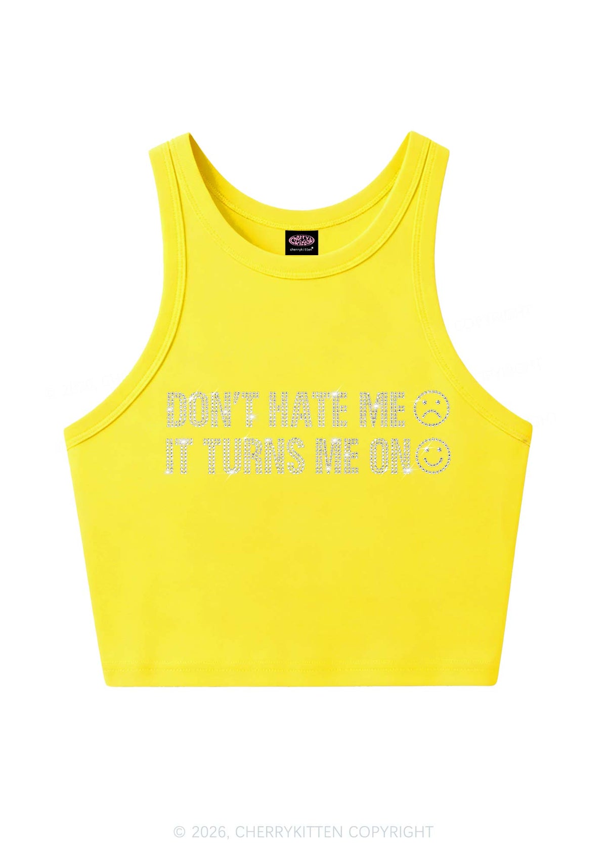 Rhinestone Dont Hate Me Y2K Crop Tank Top Cherrykitten