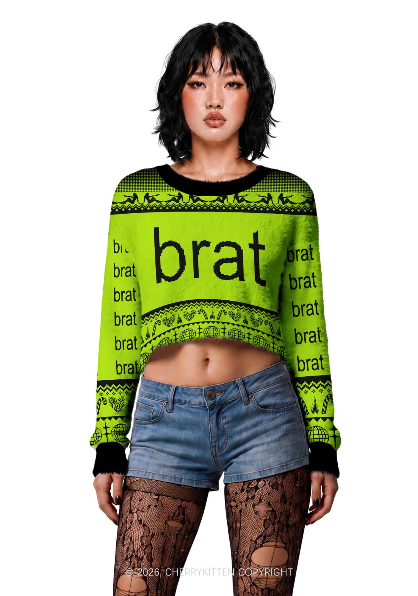 Green Brat Y2K Christmas Crop Knit Sweatshirt Cherrykitten