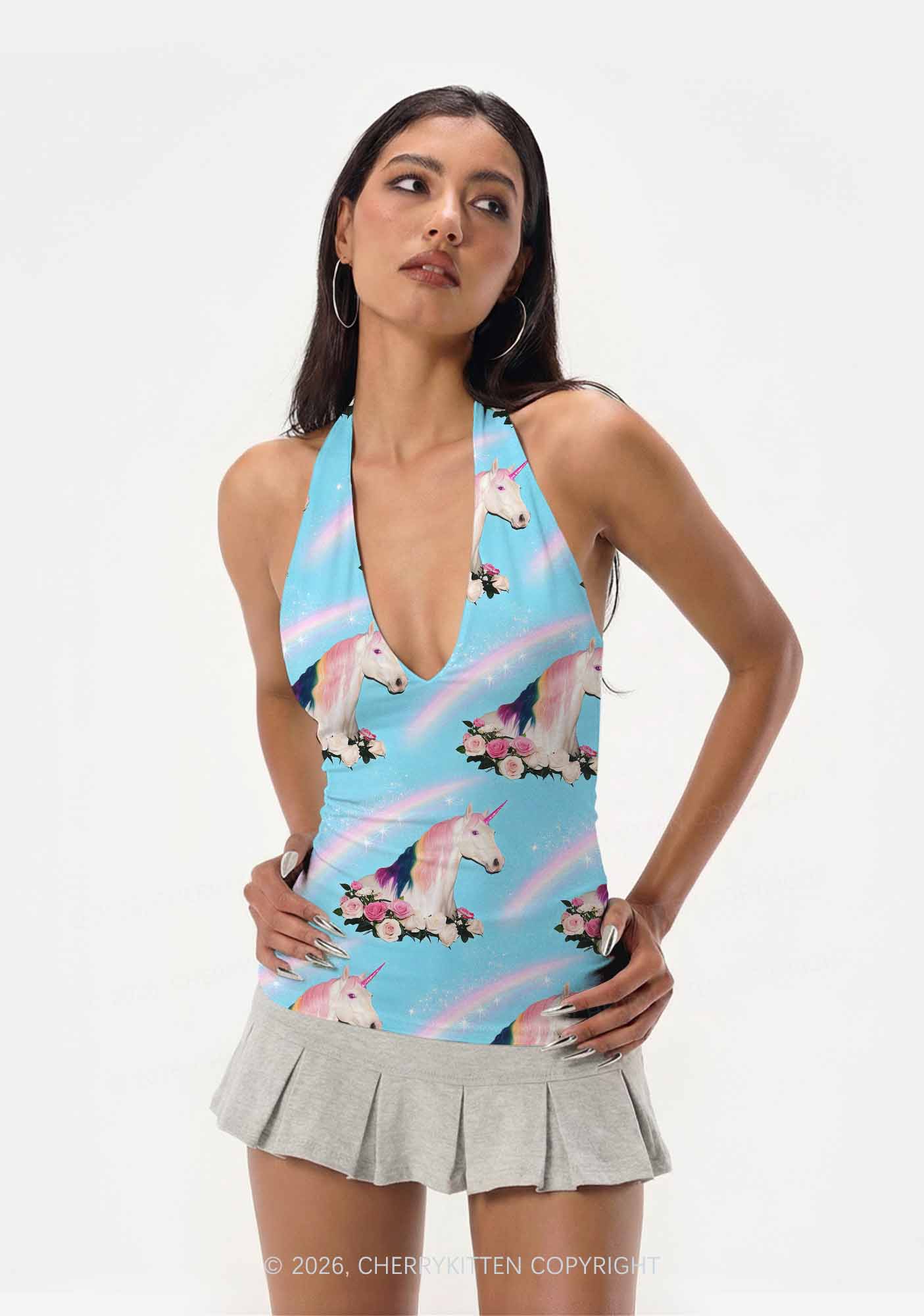 Blue Unicorn Y2K Print Halter Deep V Neck Cami Cherrykitten