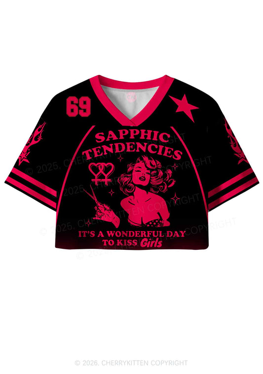Sapphic Tendencies Kiss Girls Pride Y2K Crop Sport Jersey Shirts Cherrykitten
