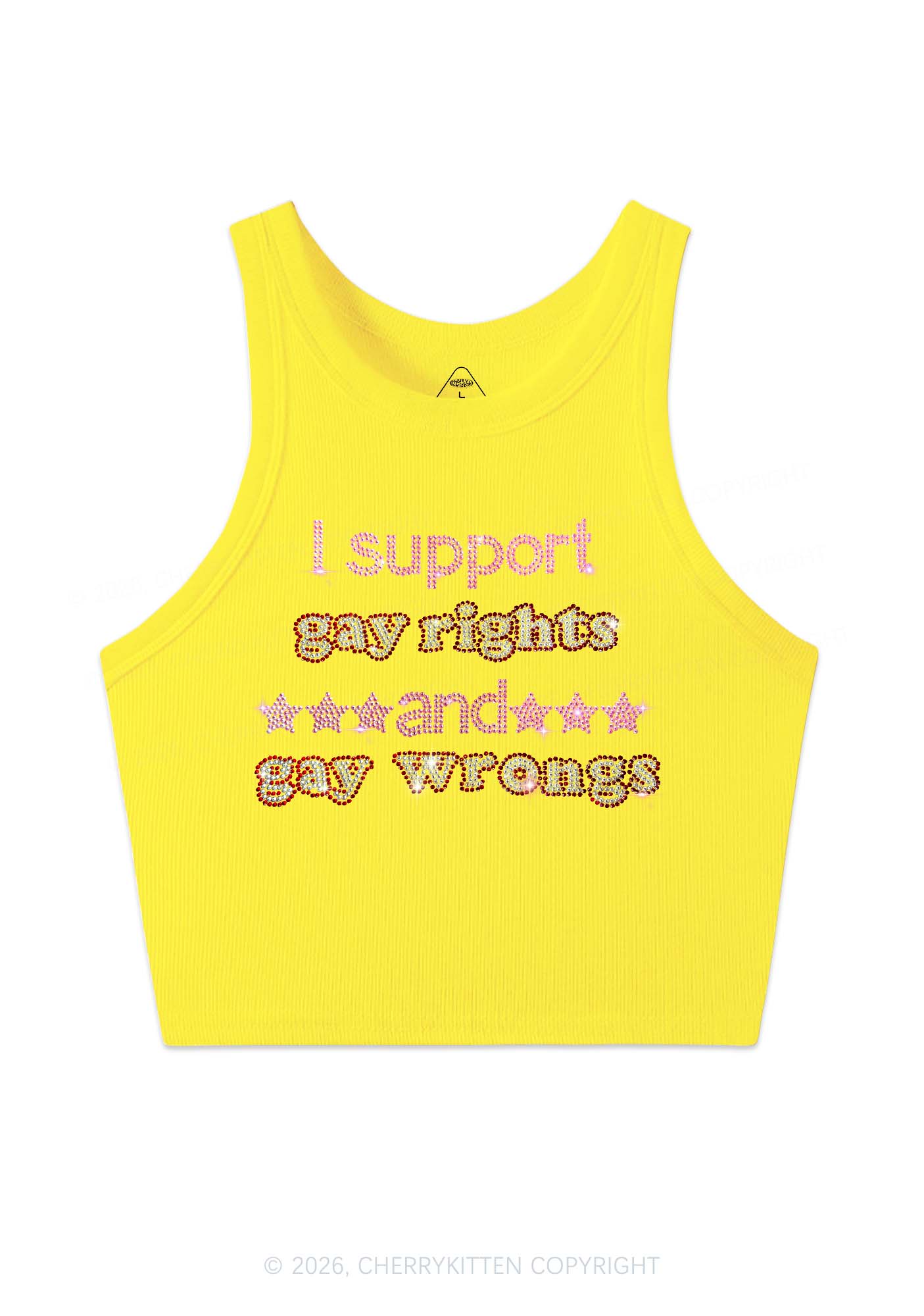 Rhinestone I Support Gay Rights Y2K Crop Tank Top Cherrykitten