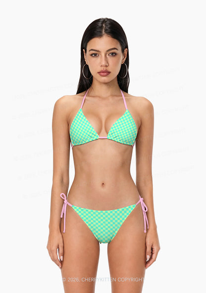 Mint Green Checkered Y2K Print Bikini Set Cherrykitten
